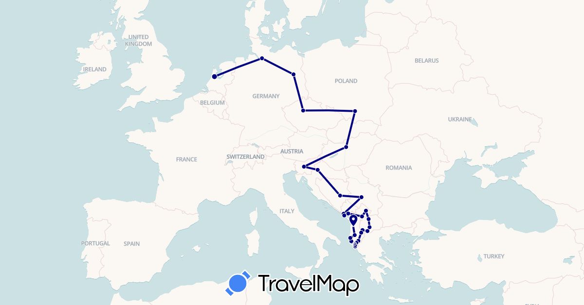 TravelMap itinerary: driving in Albania, Bosnia and Herzegovina, Czech Republic, Germany, Croatia, Hungary, Montenegro, Macedonia, Netherlands, Poland, Serbia, Slovenia, Kosovo (Europe)